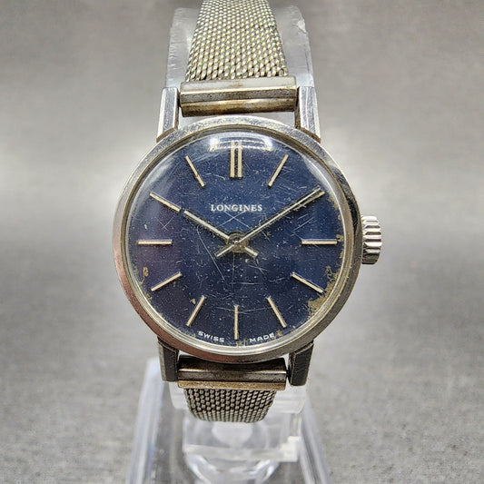 Longines Watch Women 21mm Blue Dial Steel Round Manual Wind Runs VTG 10350