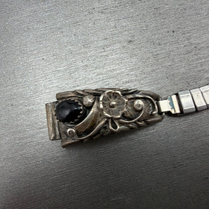 Navjo Sterling Silver Watch Band Tips Black Stones Inserts 10mm Vintage Ladies4