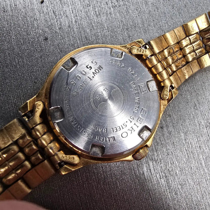 Seiko Sports 50 Watch Women 26mm Gold Dial Gold Tone Date 7N82-0271 New Battery10