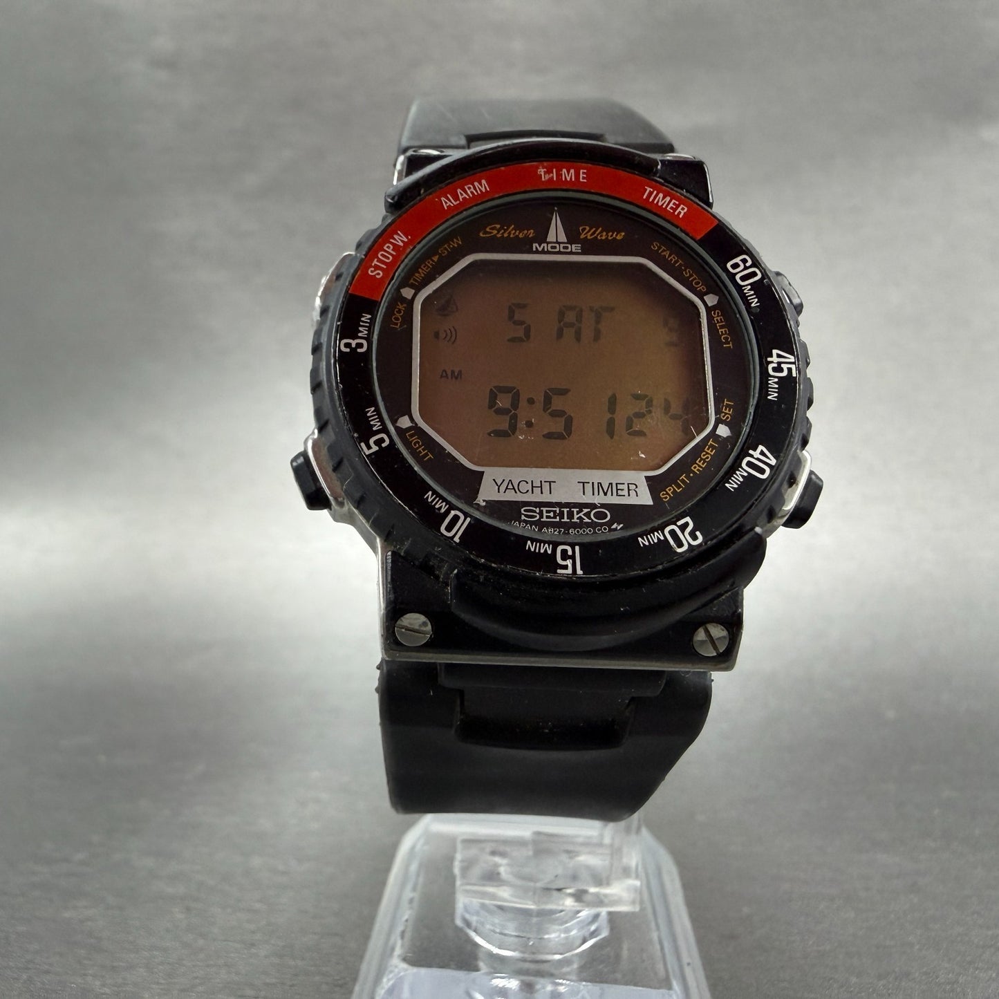 Seiko Yacht Timer Watch Men 37mm Digital Alarm Chrono Silver A827-6000 New Batt5