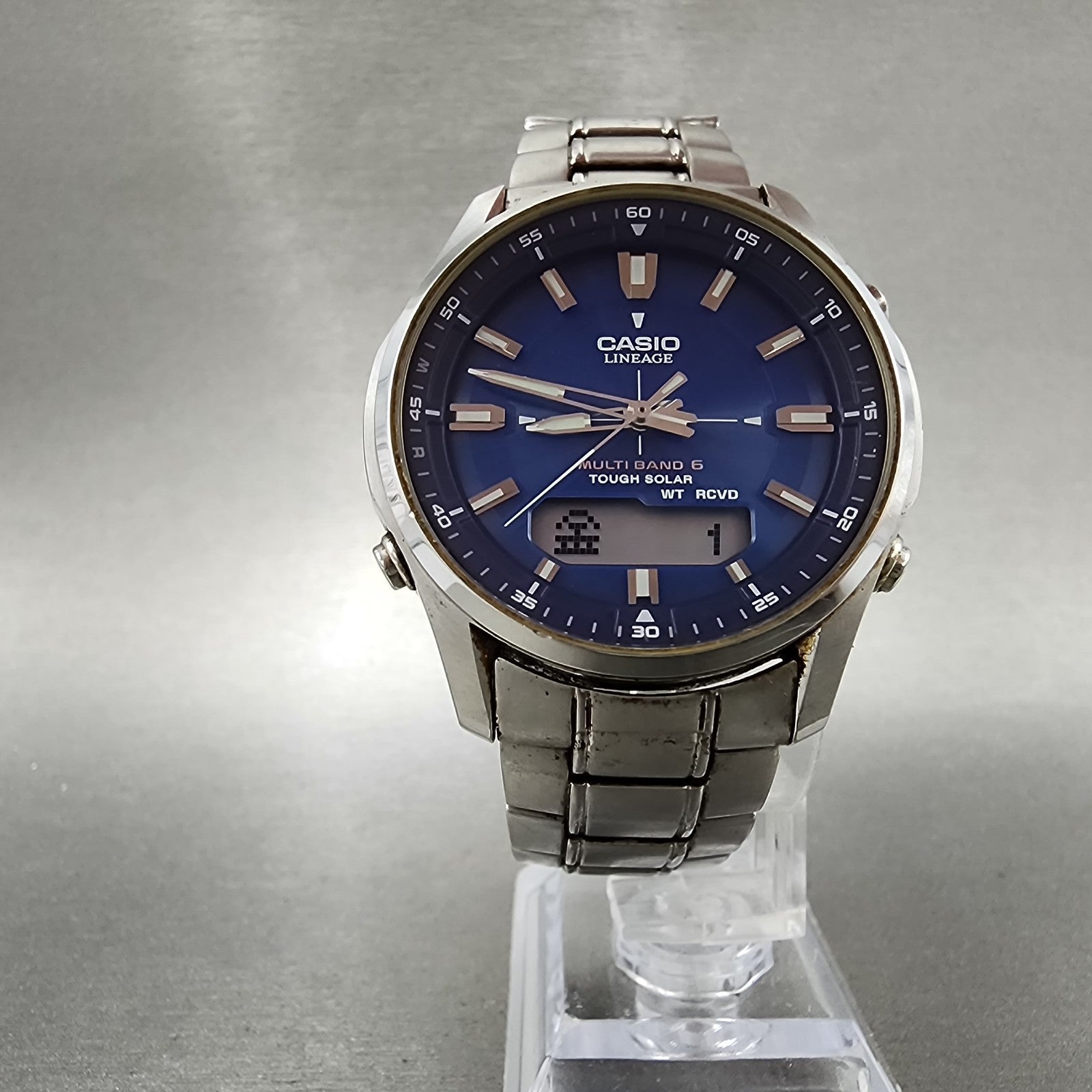 Casio Lineage Watch Men 40mm Blue Dial Silver Tone Analog Digital Solar Runs5