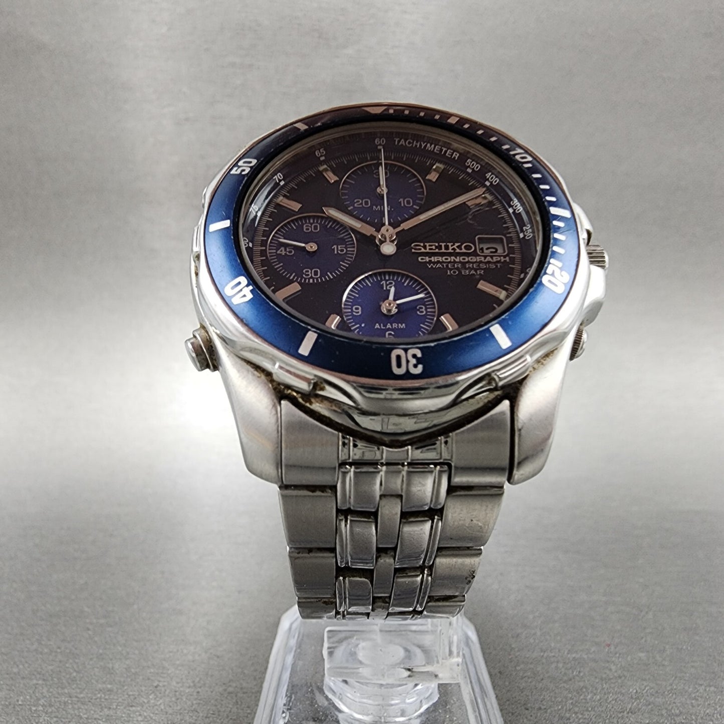 Seiko Chronograph Watch Men 40mm Blue Dial Steel Date Alarm Round New Battery