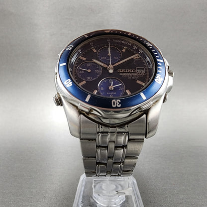 Seiko Chronograph Watch Men 40mm Blue Dial Steel Date Alarm Round New Battery
