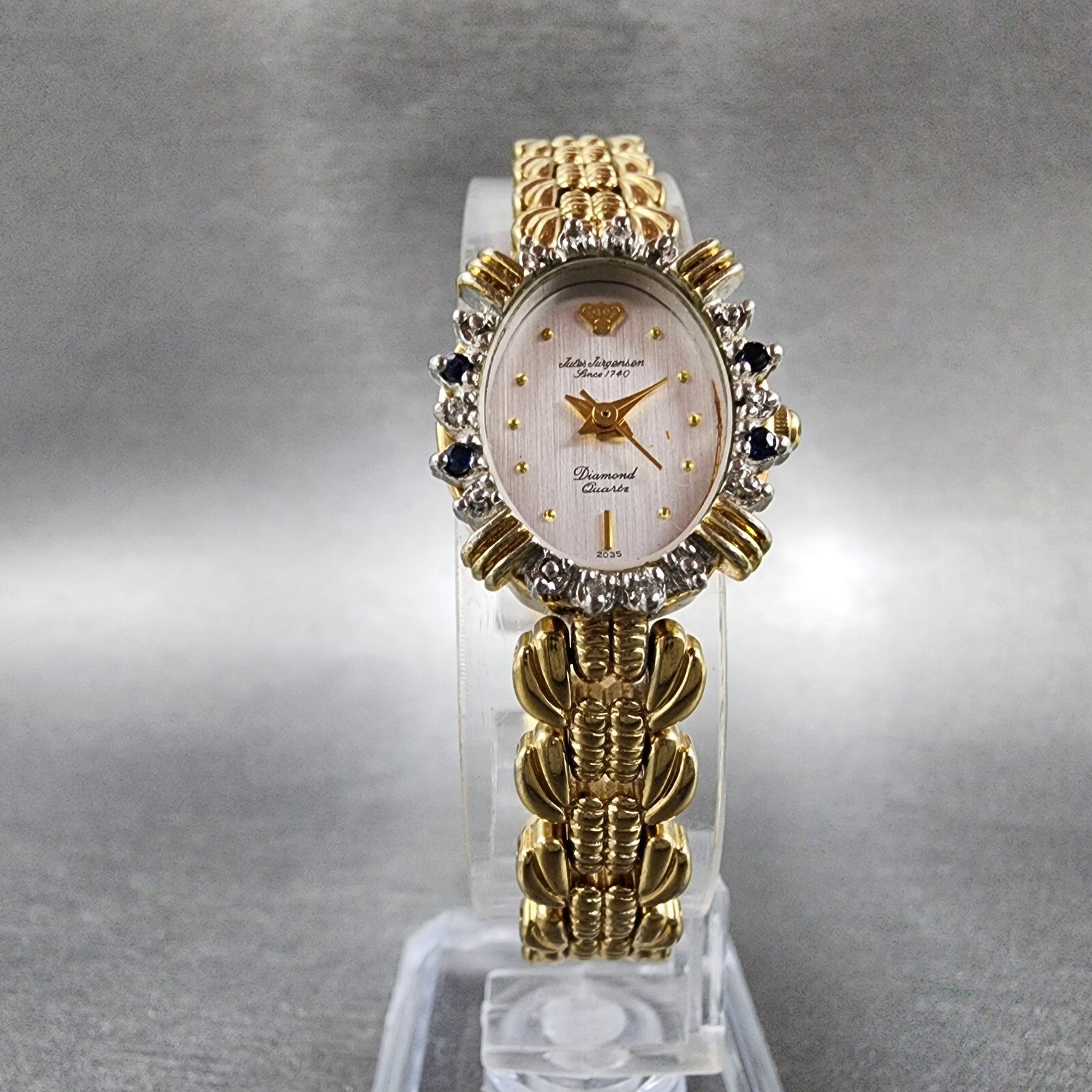 Jules Jurgenson Watch Women 17mm Silver Dial Gold Tone Diamond Bezel New Battery5