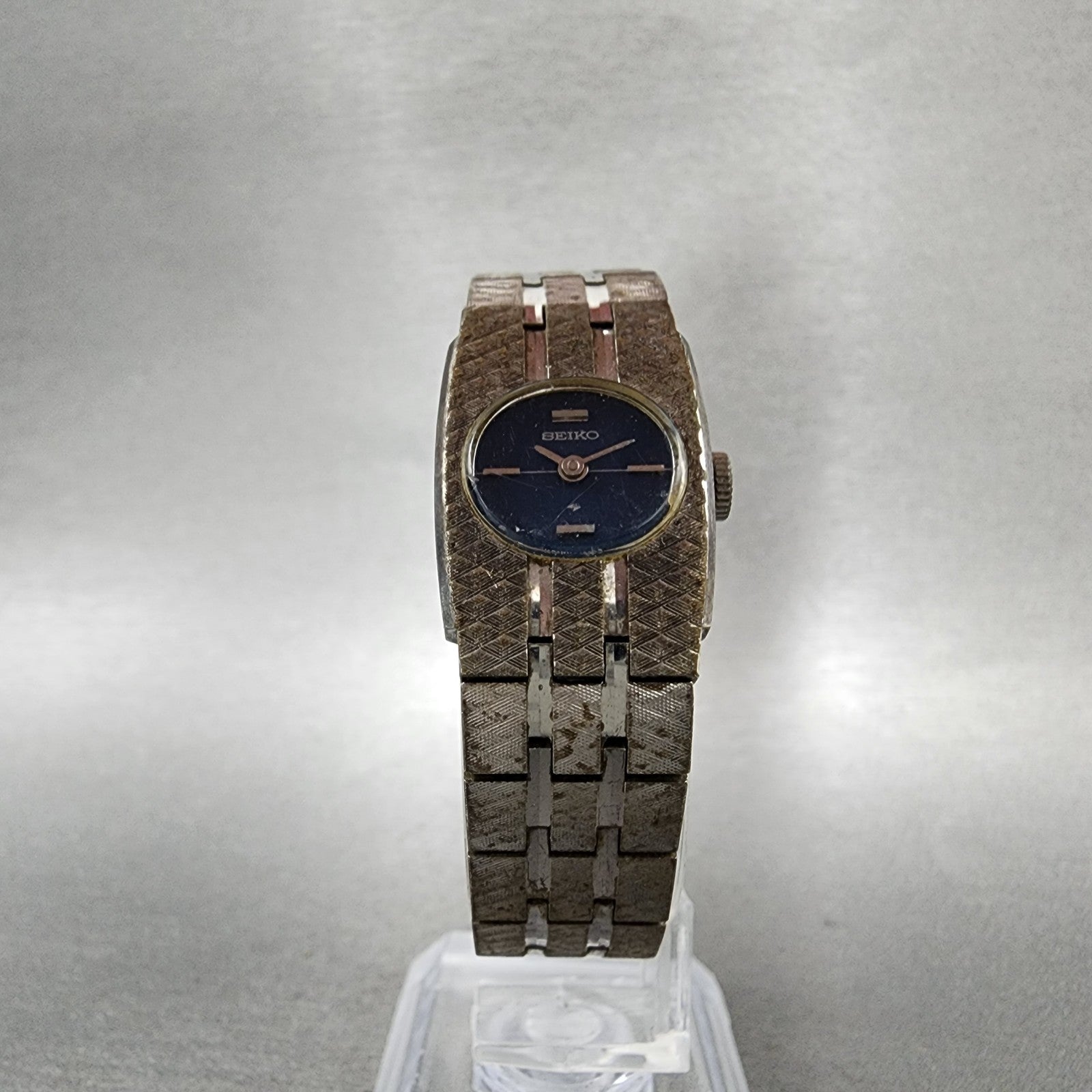 Seiko Watch Women 18mm Blue Dial Silver Tone Rectangle Manual Wind Runs VTG5