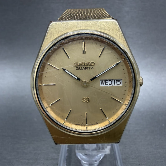 Seiko SQ Watch Men 34mm Champagne Dial Gold Tone Daydate 8123-7240 New Battery0