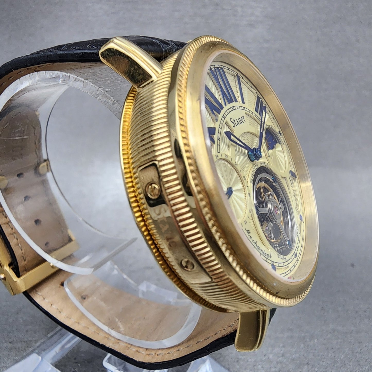 Stauer Tourbillon Watch Men 43mm Cream Dial Gold Tone Moonphase 18758 PARTS4