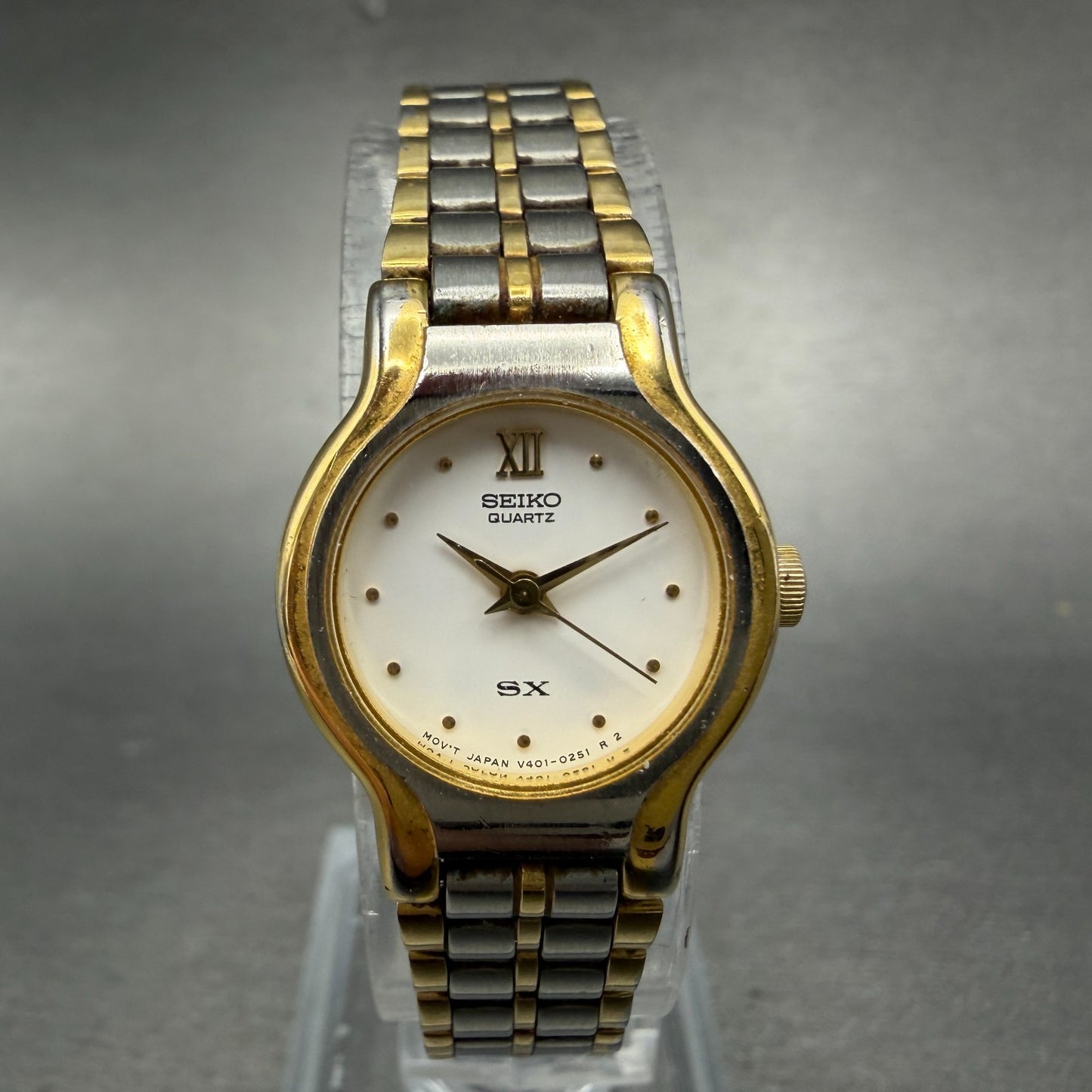 Seiko SX Watch Women 19mm White Dial Two Tone Round V401-0091 New Battery Round0