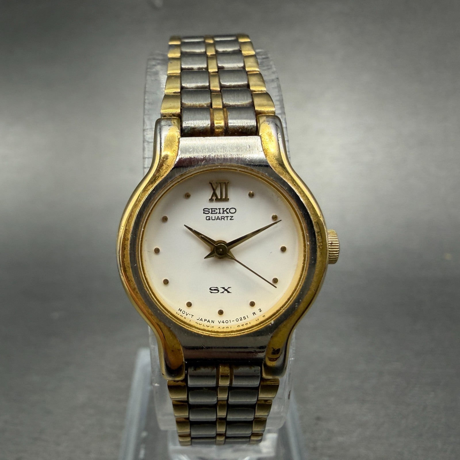 Seiko SX Watch Women 19mm White Dial Two Tone Round V401-0091 New Battery Round0