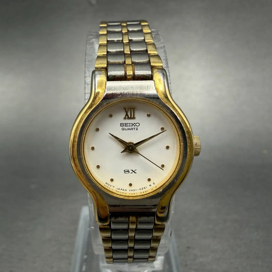 Seiko SX Watch Women 19mm White Dial Two Tone Round V401-0091 New Battery Round0