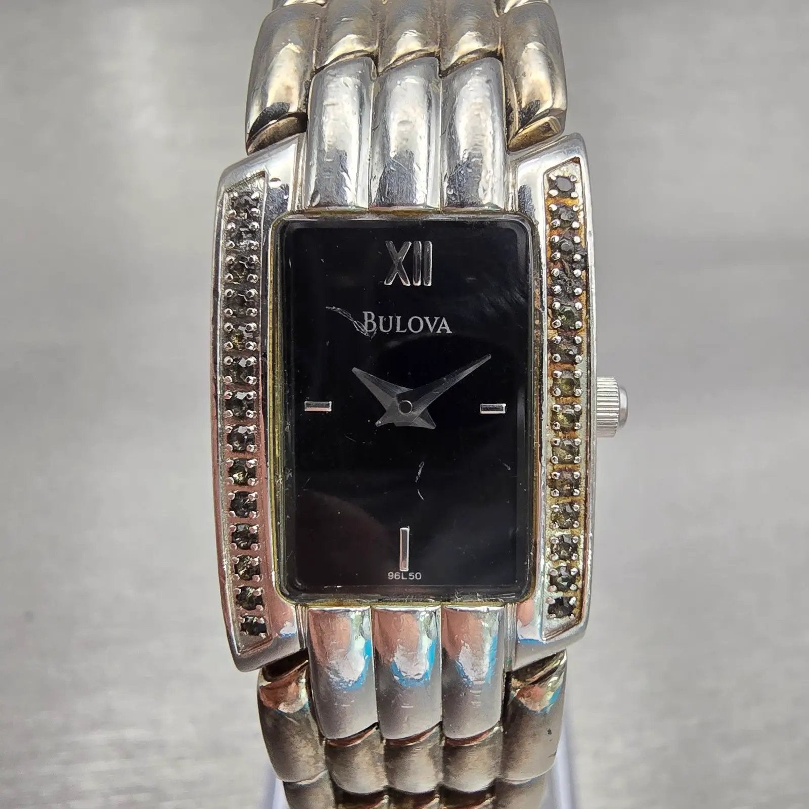 Bulova Watch Women 17mm Black Dial Silver Tone Gemmed Rectangle New Battery VTG0