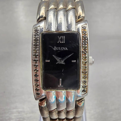 Bulova Watch Women 17mm Black Dial Silver Tone Gemmed Rectangle New Battery VTG0