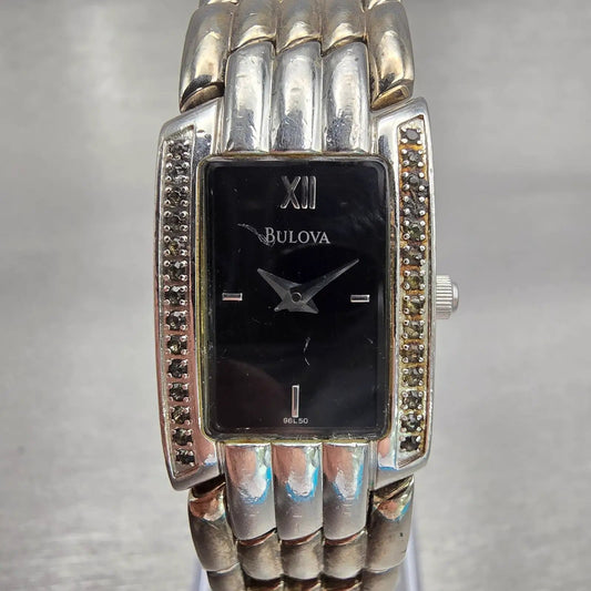 Bulova Watch Women 17mm Black Dial Silver Tone Gemmed Rectangle New Battery VTG0