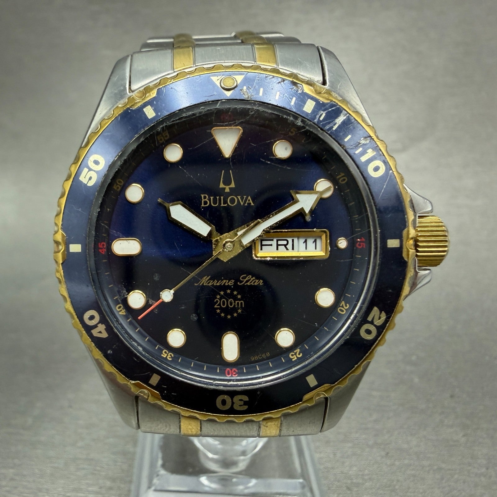 Bulova Marine Star Dive Watch Men 42mm Blue Dial Two Tone Daydate 98C58 New Batt0