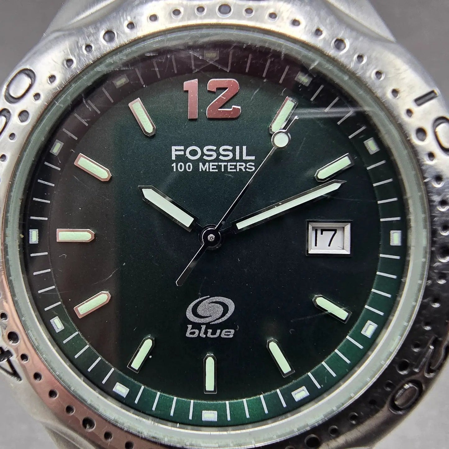 Fossil Blue Dive Watch Men 41mm Green Dial Silver Tone Date AM-3492 New Battery1
