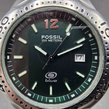Fossil Blue Dive Watch Men 41mm Green Dial Silver Tone Date AM-3492 New Battery1