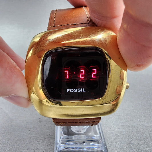 Fossil Red LED Watch Men 43mm Black Dal Gold Tone Cushion JR-7776 New Battery