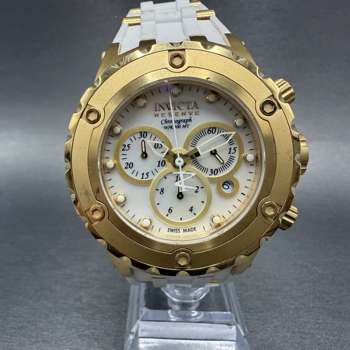 Invicta Reserve Chronograph Watch Men 44mm MOP Dial Gold Tone Date 0525 New Batt0