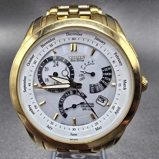 Citizen Eco-Drive Perpetual Calendar Watch Men 39mm White Dial Gold Alarm Runs0