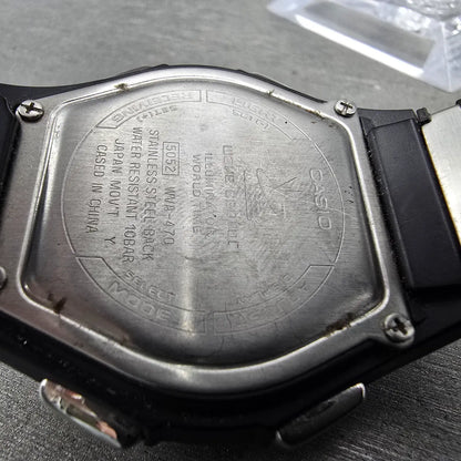 Casio WVA-470 Watch Men 42mm Black Silver Wave Ceptor Alarm Chronograph Round 789