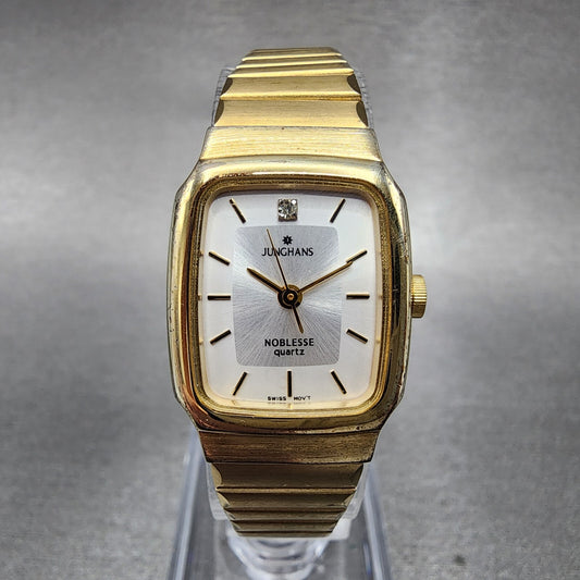Junghans Noblesse Watch Women 19mm White Dial Gold Tone Rectangle New Battery0