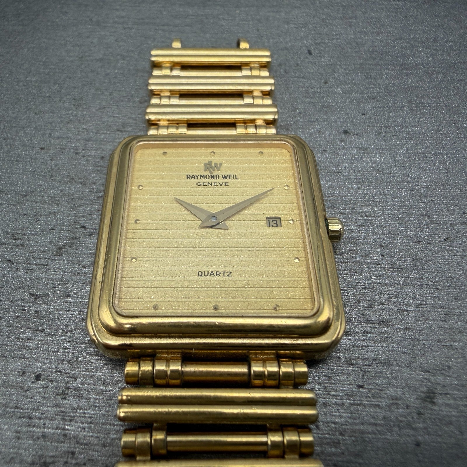 Raymond Weil Tank Watch Men 27mm Gold Dial Gold Plated Date 9983 READ!! New Batt3