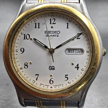 Seiko SQ Watch Men 35mm White Dial Two Tone Daydate Round 5Y23-7089 New Battery1
