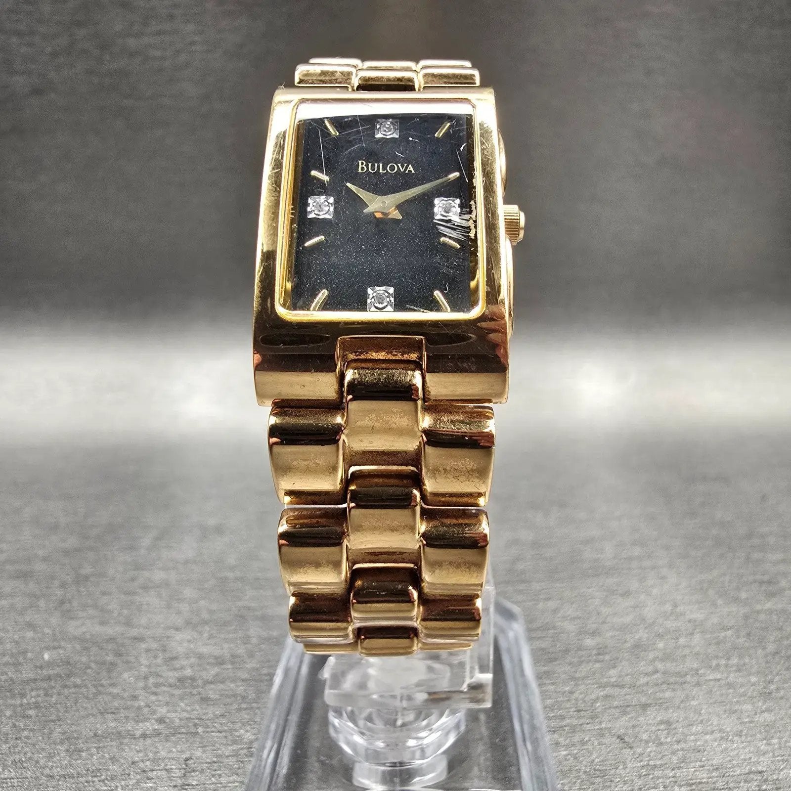 Bulova Tank Watch Women 18mm Black Dial Gold Tone Rectangle 97S73 New Battery5