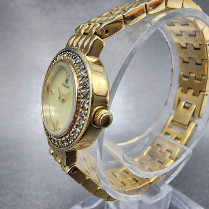 Cyma Watch Women 21mm MOP Dial Gold Tone Crystal bezel Round New Battery