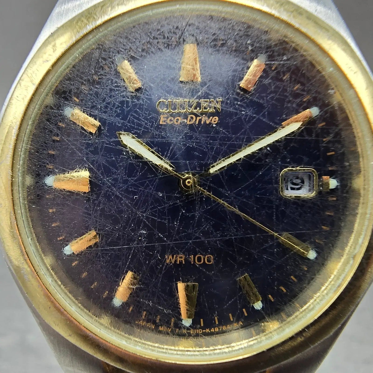 Citizen Eco-Drive Watch Men 36mm Blue Dial Two Tone Date Round E111-K15699 RunsP1