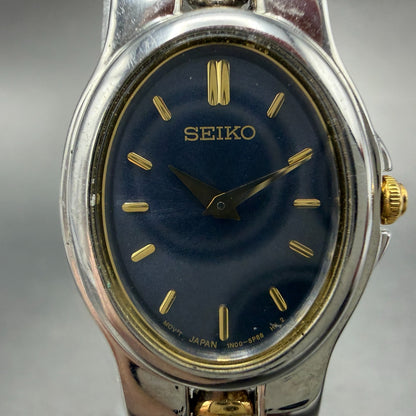 Seiko Watch Women 20mm Blue Dial Two Tone Oval 1N00-6T20 New Battery Vintage 55H1