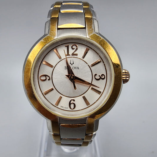 Bulova Watch Women Two Tone Silver Dial 27mm Round 98L153 New Battery 6"