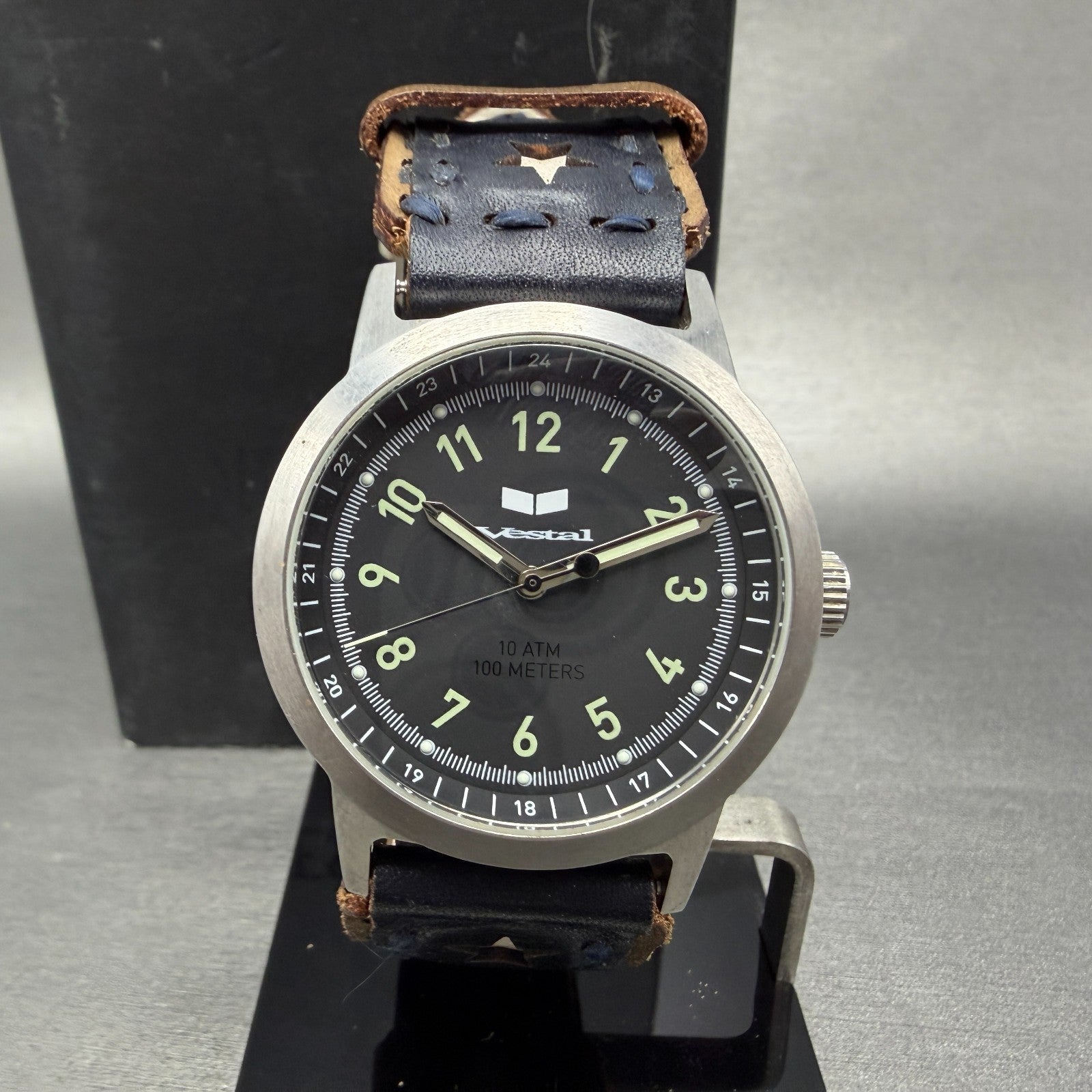 Vestal Alpha Bravo Watch Men 37mm Black Dial Steel Round New Battery W/Box0