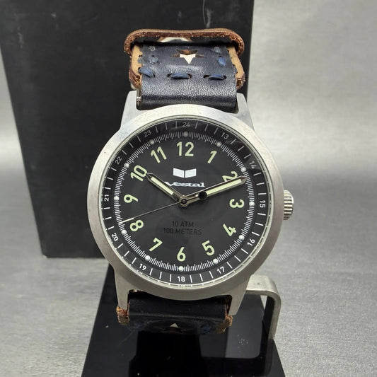 Vestal Alpha Bravo Watch Men 37mm Black Dial Steel Round New Battery W/Box0