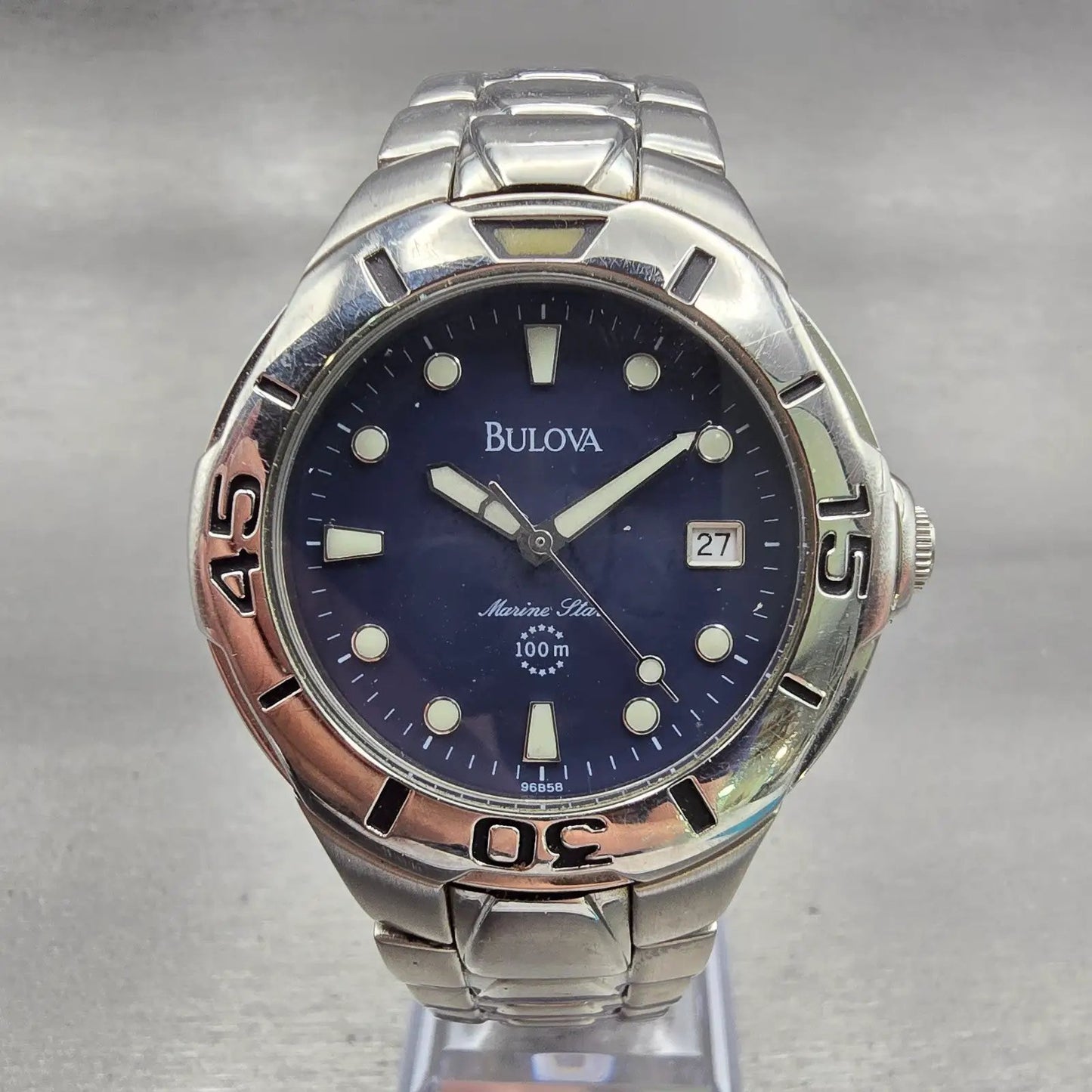 Bulova Marine Star Watch Men 39mm Blue Dial Silver Tone Date 96B58 New Battery0