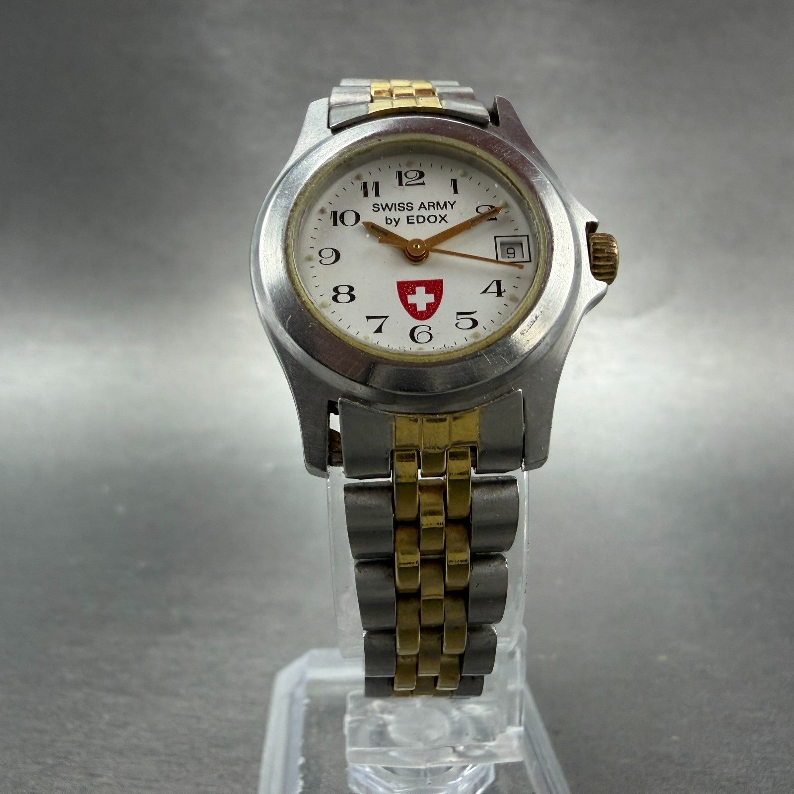 Edox Swiss Army Watch Women 24mm White Dial Two Tone Date Round New Battery5