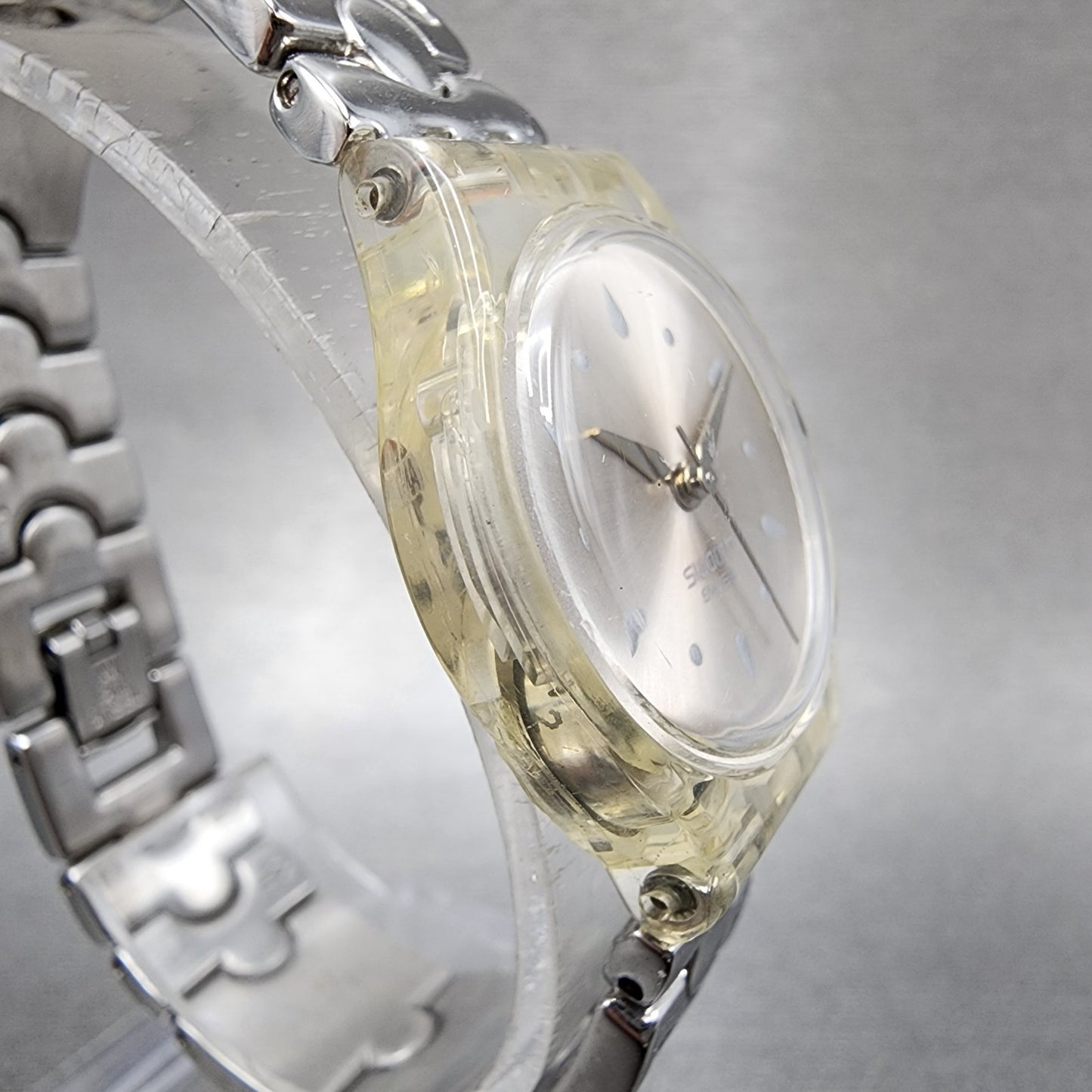 Swatch Watch Women 25mm Silver Dial Clear Case Round New Battery3