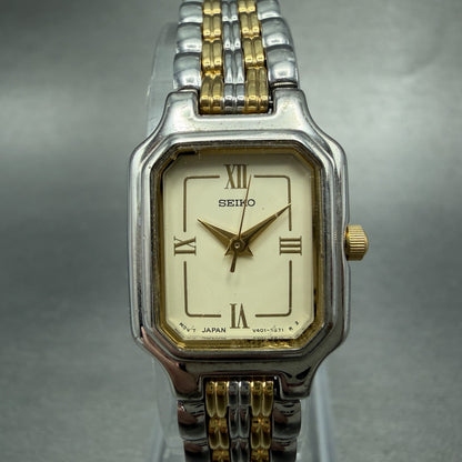 Seiko Tank Watch Women 19mm Cream Dial two Tone Rectangle V401-5979 New Battery0