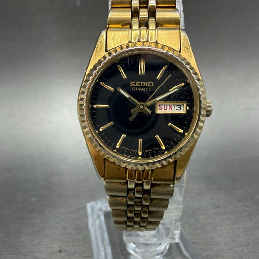 Seiko Watch Women 24mm Black Tone Gold Tone Daydate Round 7N83-0041 New BatteryD0