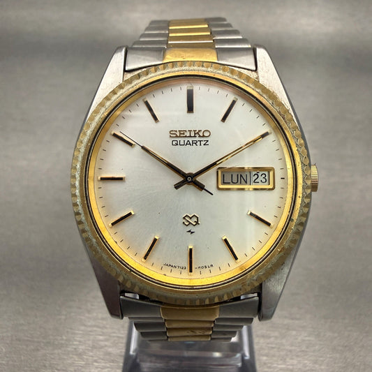 Seiko SQ Watch Men 36mm Silver Dial Two Tone Daydate Round 7123-8059 New Battery0