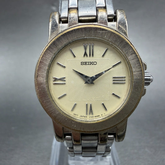 Seiko Watch Women 26mm Cream Dial Silver Tone Round V700-6K99 New Battery VTG0