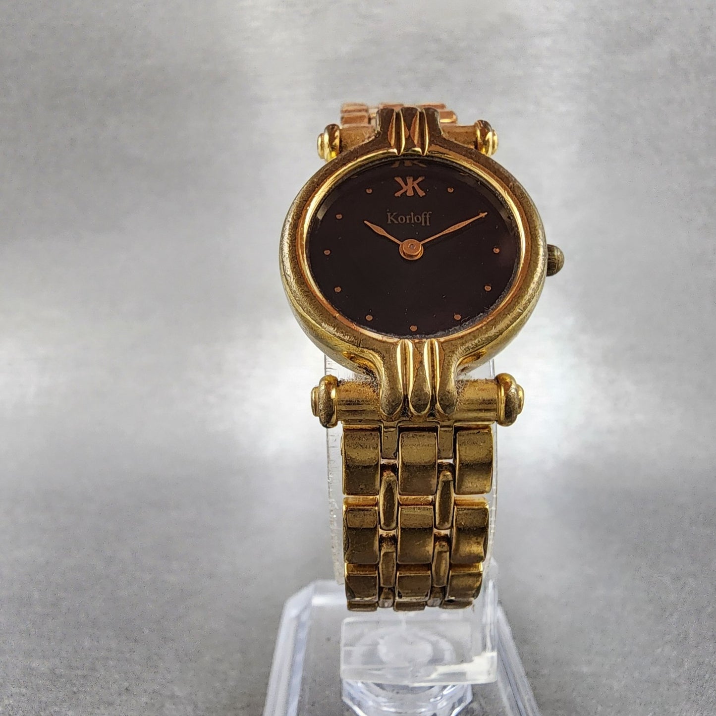 Korloff Watch Women 23mm Black Dial Gold Tone Round New Battery Vintage5