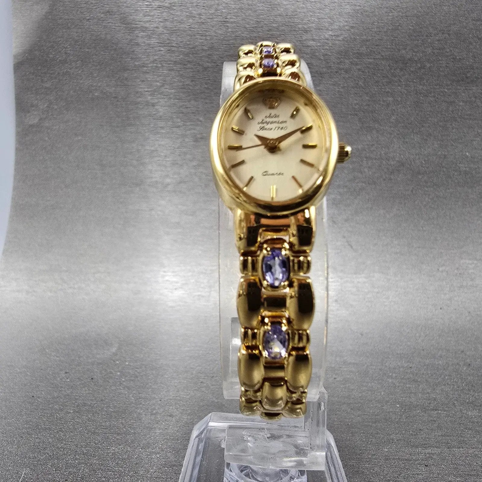 Jules Jurgensen Watch Women 17mm Champagne Dial Gold Oval Blue Gems New BatteryP5