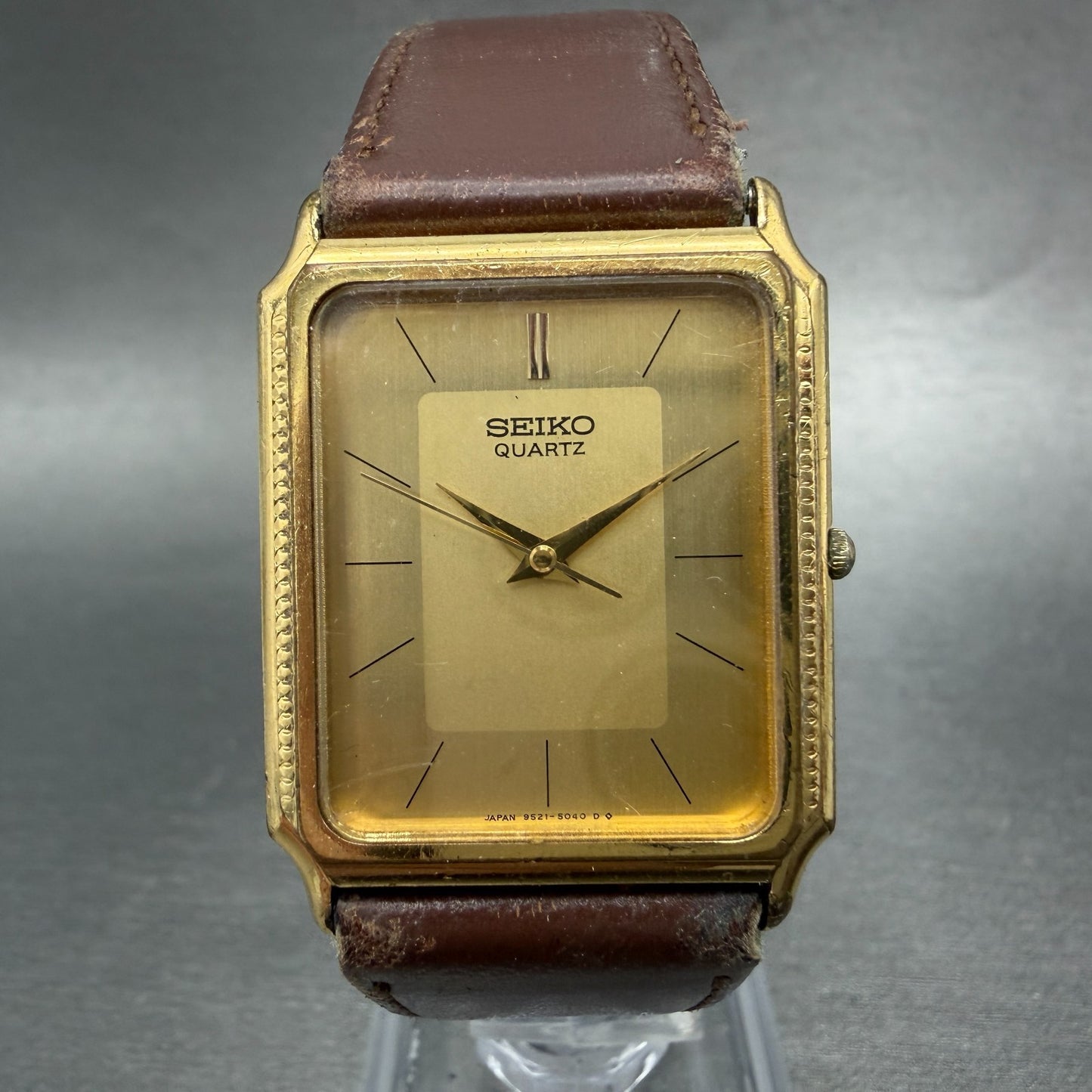 Seiko Tank Watch Men 27mm Champagne Dial Gold Tone 9521-5040 New Battery Vintage0