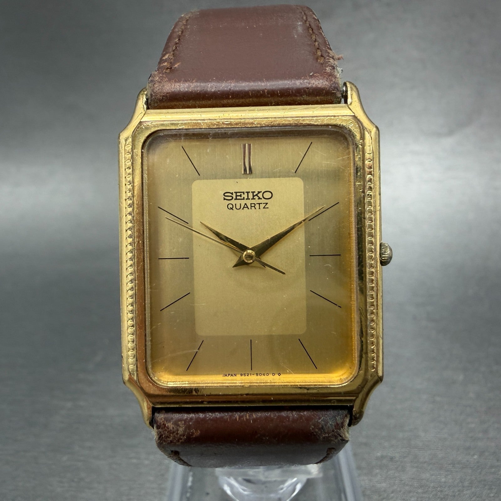Seiko Tank Watch Men 27mm Champagne Dial Gold Tone 9521-5040 New Battery Vintage0