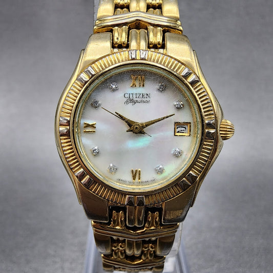 Citizen Elegance Watch Women 25mm MOP Dial Gold Tone Date Round New Battery0
