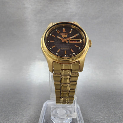 Seiko 5 Watch Women 25mm Black Dial Gold Tone Daydate Round 42060720 Runs5