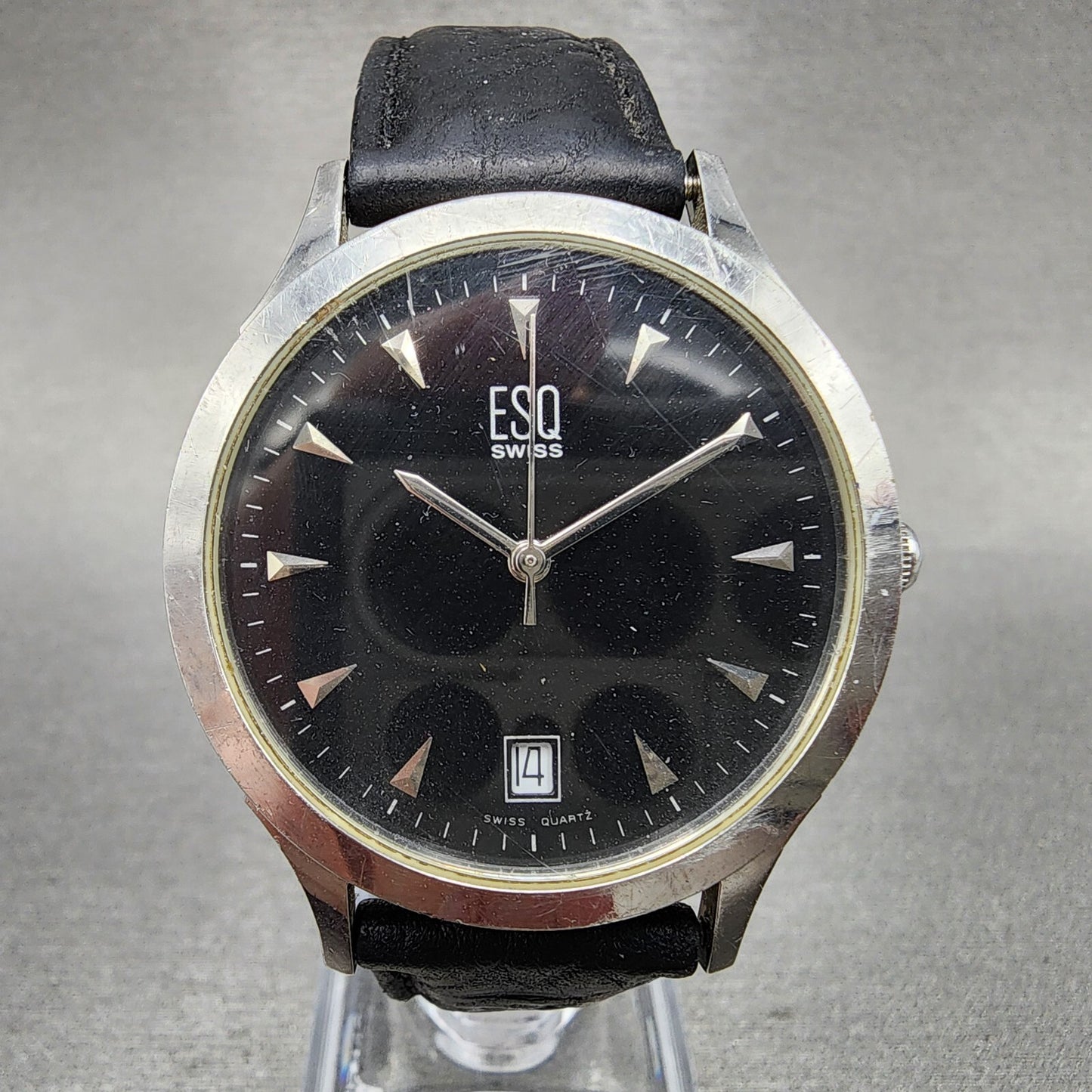 ESQ Swiss Watch Men 36mm Black Dial Steel Date Round Leather Band E5203 PARTS0