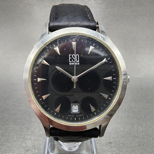 ESQ Swiss Watch Men 36mm Black Dial Steel Date Round Leather Band E5203 PARTS0