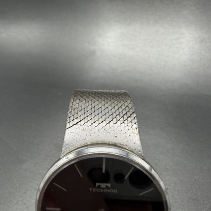 Technos Silver Elite Watch Men 33mm Black Dial Sterling Silver 925 Round PARTS5
